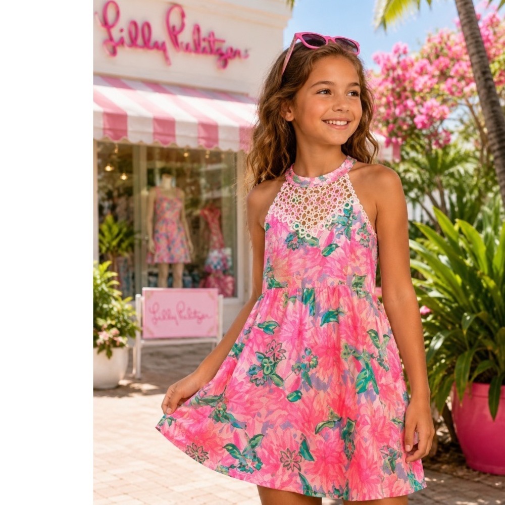 Lilly Pulitzer Girls Pink Green Floral Halter Dress Crochet‎ Lace Trim Size 12